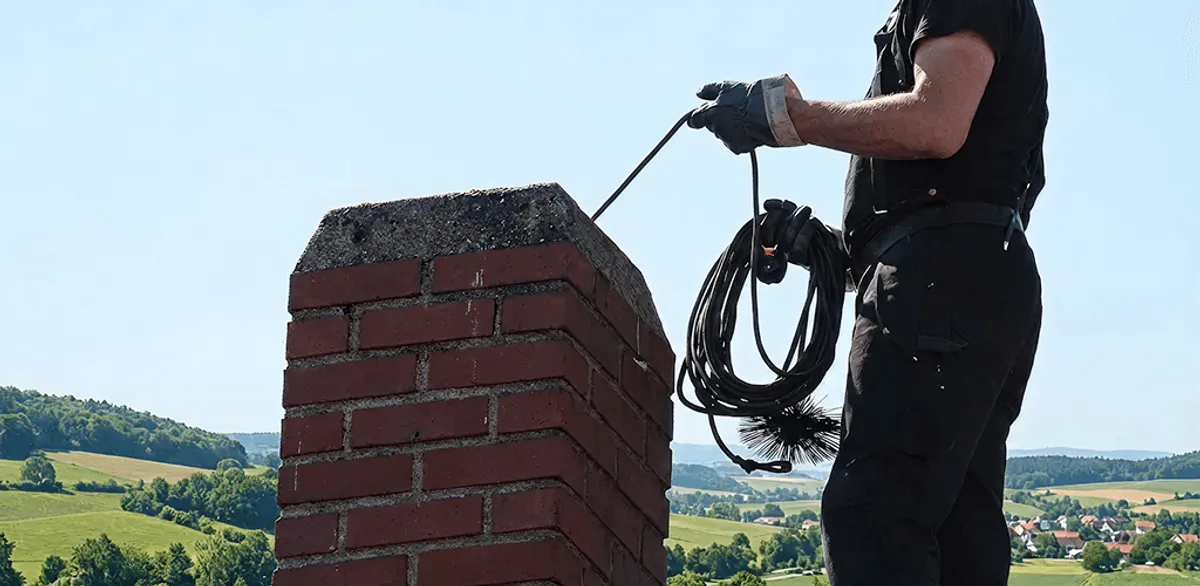 Chimney sweep inspecting and cleaning a rooftop chimney in Pueblo, CO